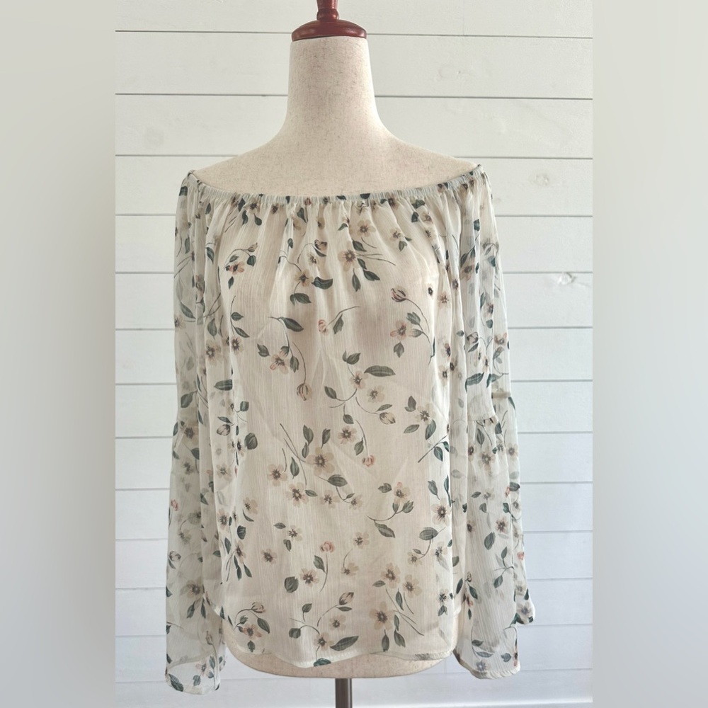 Lulus Bohemian Light Beige Floral Print Off-the-Shoulder Top. Size Large - Picture 2 of 3